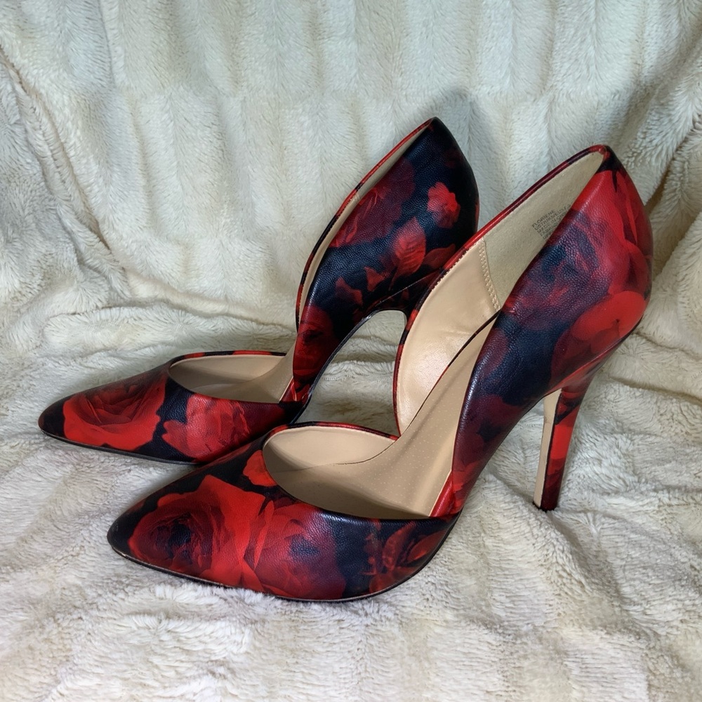 JustFab “Floriene” Red & Black Floral Heels